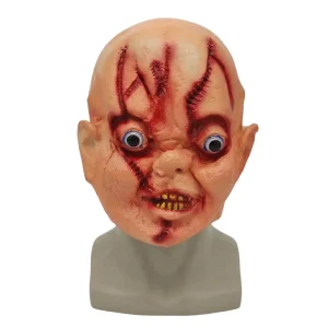 Máscara de media cara de muñeco diabólico con cicatrices y ojos saltones para disfraz de Halloween, de la tienda Disfraces Lucero.