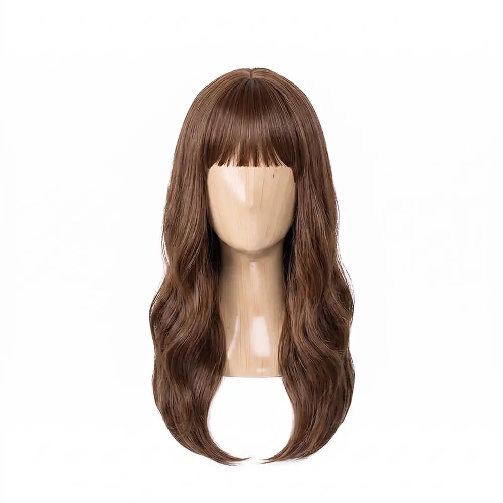 Peluca de melena larga de color castaño con flequillo recto colocada sobre un maniquí de madera, de la tienda Disfraces Lucero.