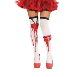 Medias altas blancas por encima de la rodilla con estampado de churretones de sangre roja para disfraz de adulto de Disfraces Lucero.