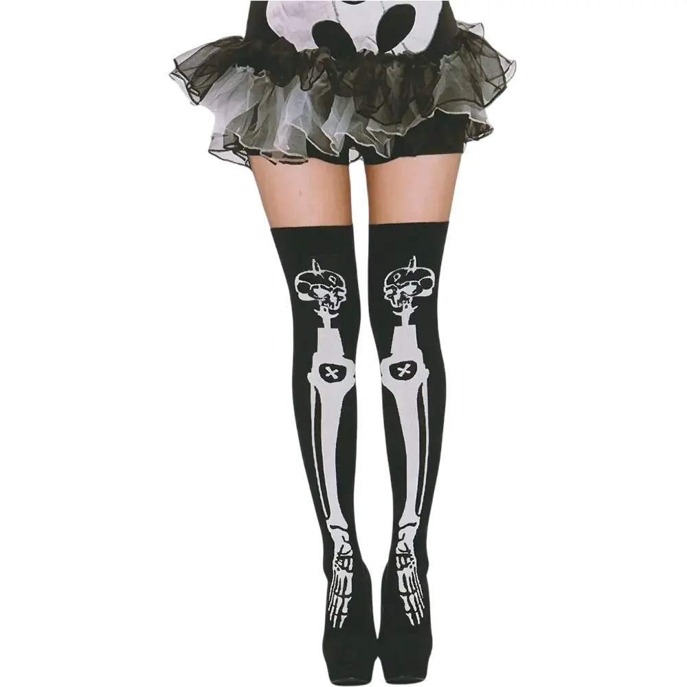 Medias altas negras por encima de la rodilla con estampado de huesos de esqueleto y calavera para adulto de Disfraces Lucero.