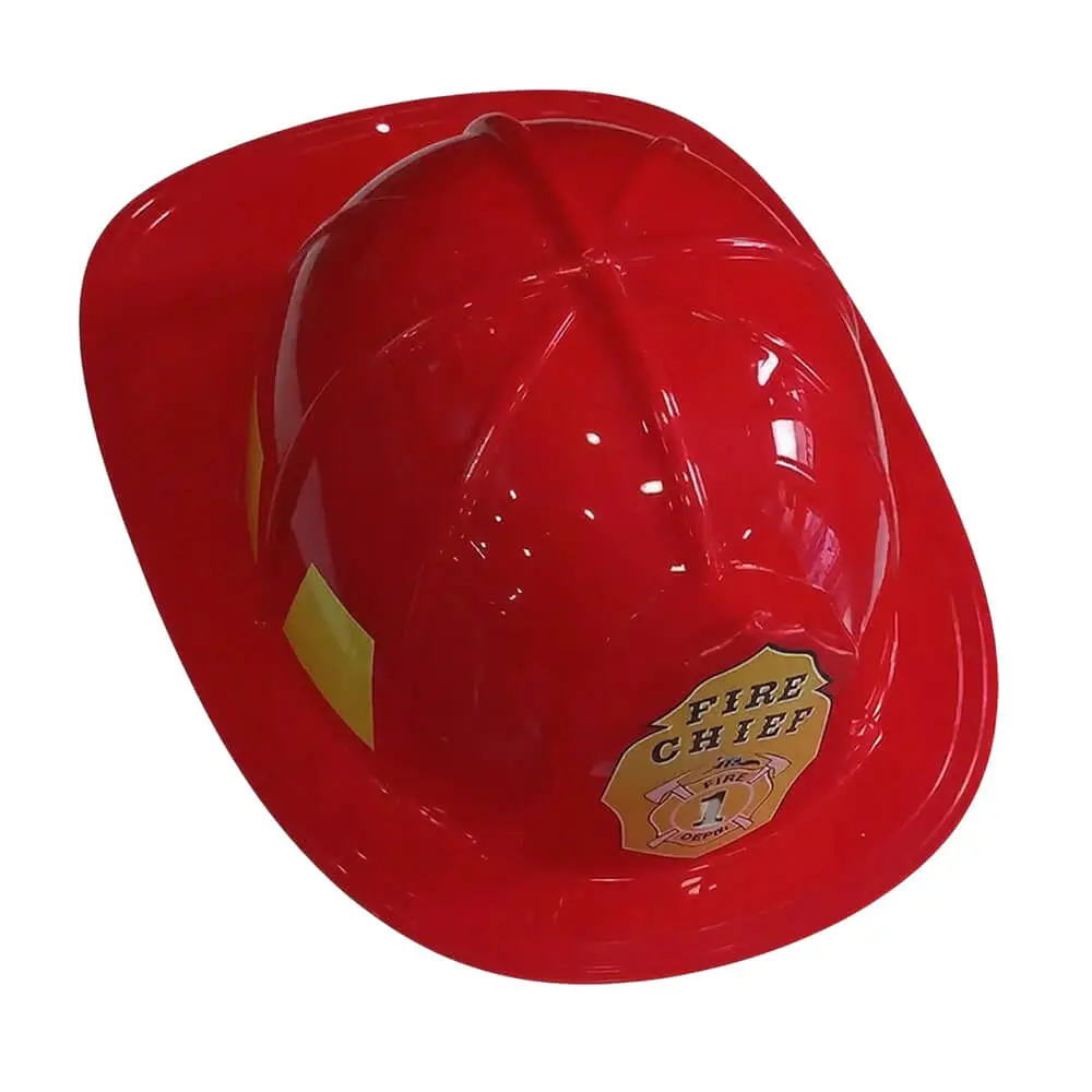 Casco de bombero rojo de plástico rígido para adulto, accesorio de la tienda Disfraces Lucero.