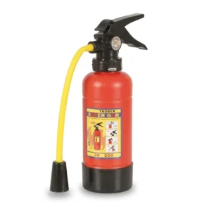 Extintor de plástico de juguete de 30 cm de alto en color rojo y negro con manguera amarilla para disfraz de bombero