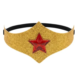 Tiara para la frente de color dorado brillante con purpurina y una estrella roja en el centro con goma elástica negra ajustable, de la tienda Disfraces Lucero.