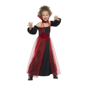 Niña posando con disfraz de Vampiresa infantil con vestido largo rojo y negro, cuello alto y sobrefalda de tul de Disfraces Lucero.