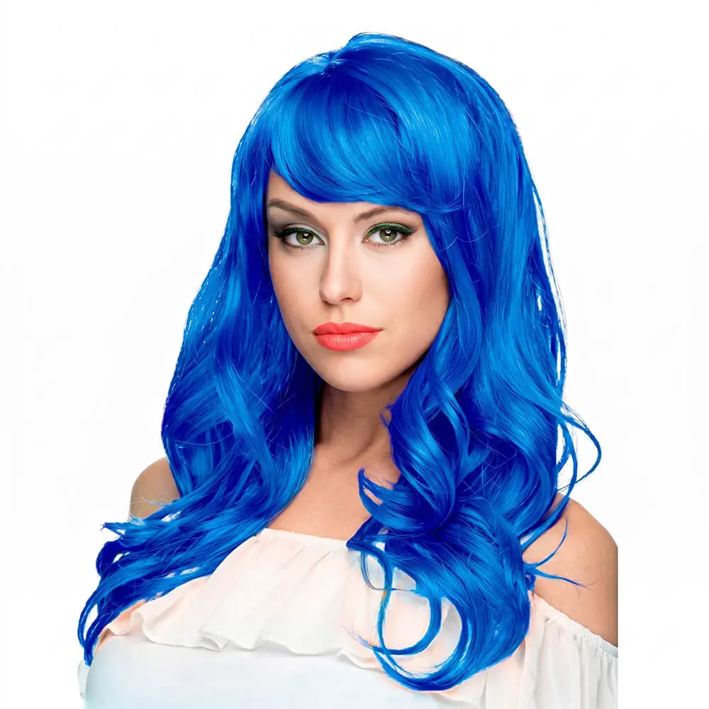 Peluca de melena larga con ondas de color azul oscuro intenso sobre un maniquí de madera, de la tienda Disfraces Lucero.