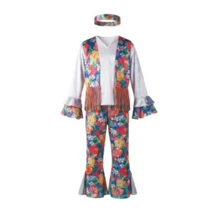 Fotografía de catálogo mostrando extendido de frente el disfraz de hippie niño compuesto por camisa blanca con chaleco integrado de flores de colores y flecos, pantalón de campana a juego y cinta para la cabeza de la tienda Disfraces Lucero.