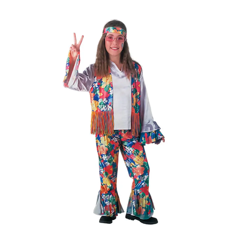 Disfraz de Hippie Niño – Traje de los Años 60 y 70 Flower Power (Pantalón, Camisa con Chaleco y Cinta) - Imagen 2