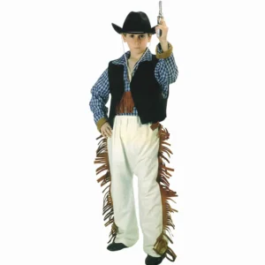 Niño de frente con expresión seria apuntando hacia arriba con una pistola de juguete y luciendo el disfraz de vaquero infantil con camisa a cuadros azul, chaleco oscuro y pantalón claro con flecos marrones laterales de la tienda Disfraces Lucero.