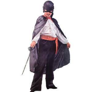 Disfraz de espadachín infantil inspirado en El Zorro con capa, gorro y cinturón, ideal para fiestas de carnaval o Halloween