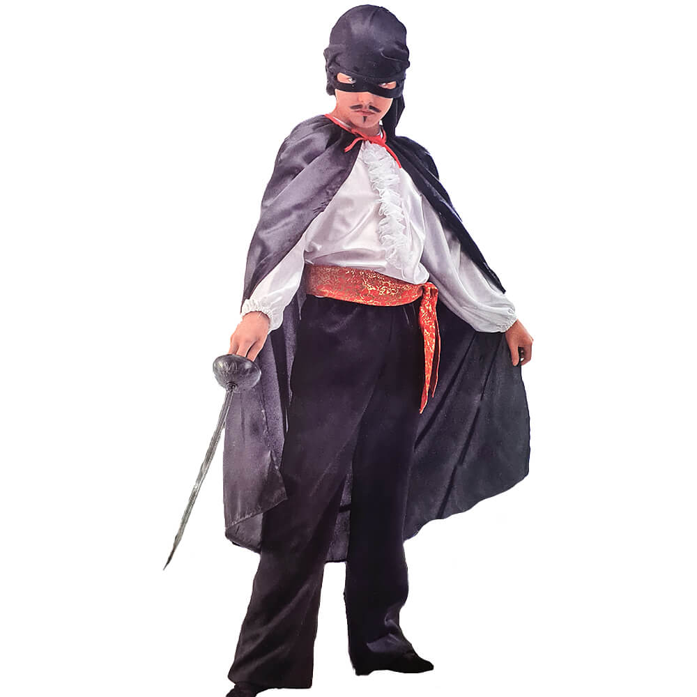 Disfraz de espadachín infantil inspirado en El Zorro con capa, gorro y cinturón, ideal para fiestas de carnaval o Halloween