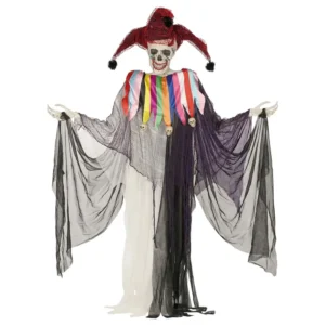 Figura decorativa de payaso esqueleto de terror de 2 metros de alto con luz en los ojos y traje multicolor para Halloween