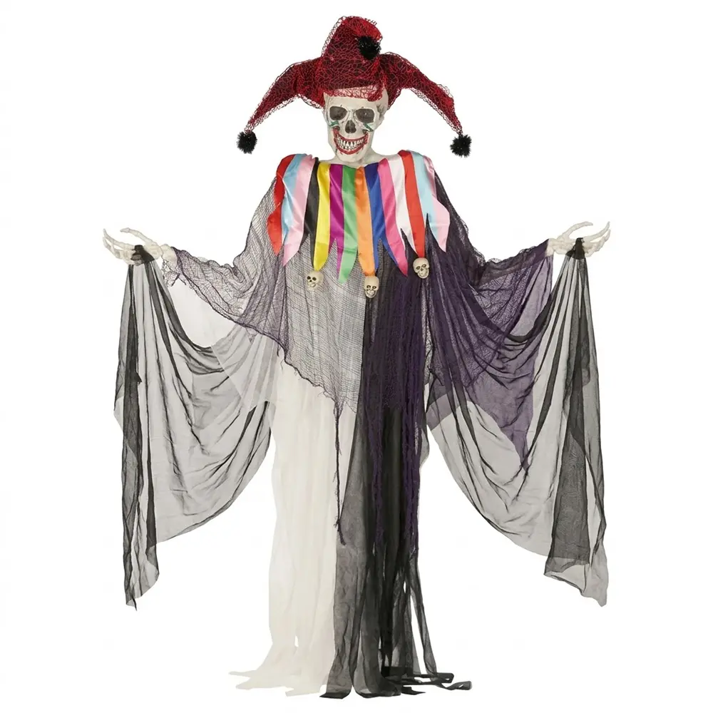 Figura decorativa de payaso esqueleto de terror de 2 metros de alto con luz en los ojos y traje multicolor para Halloween