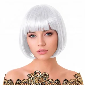 Peluca de corte bob corto de color blanco brillante con flequillo recto para disfraz, de la tienda Disfraces Lucero.