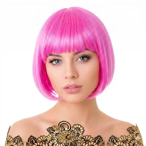 Peluca de corte bob corto de color rosa chicle brillante con flequillo recto para disfraz, de la tienda Disfraces Lucero.