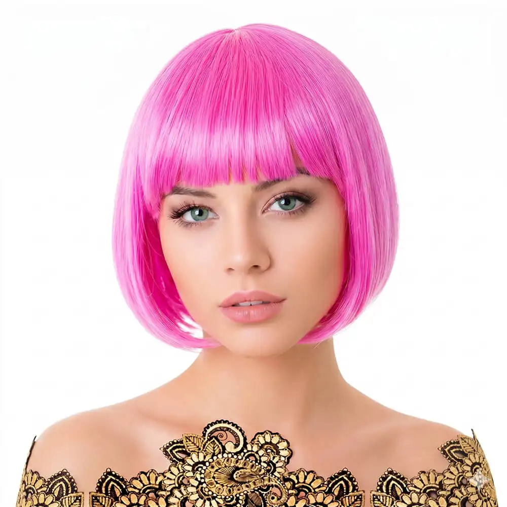 Peluca de corte bob corto de color rosa chicle brillante con flequillo recto para disfraz, de la tienda Disfraces Lucero.