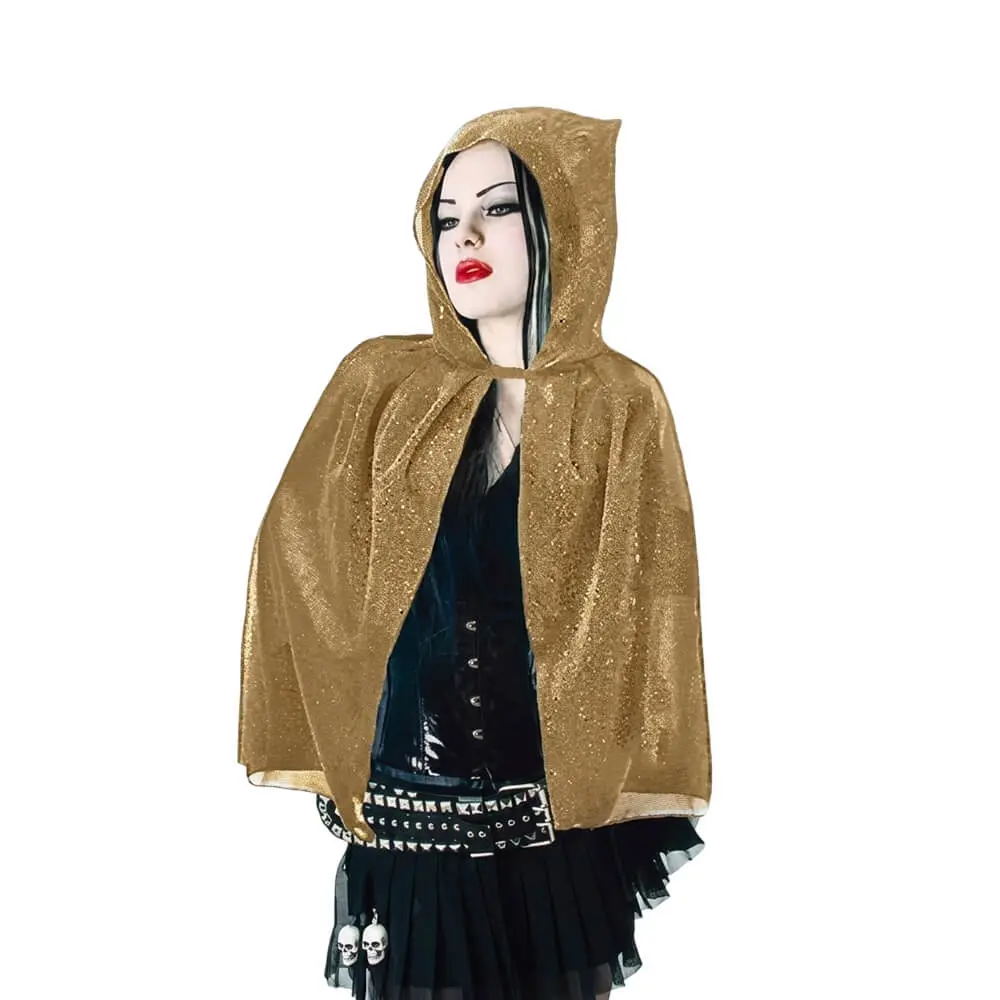 Capa de color oro brillante con capucha de 90 cm de largo, accesorio para disfraz de la tienda Disfraces Lucero.