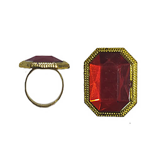 Anillo medieval dorado con piedra roja octagonal, accesorio para disfraz de carnaval o fiesta temática