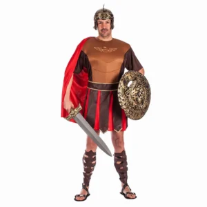 Hombre de frente luciendo el disfraz de romano adulto compuesto por vestido marrón con águila dorada estampada, capa roja unida al hombro, cinturón con faldón de tiras marrón y rojo y espinilleras de la tienda Disfraces Lucero.