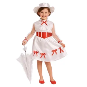 Niña de frente sonriendo alegremente con el pelo corto castaño, sosteniendo un paraguas blanco de encaje cerrado con una mano y luciendo el disfraz de niñera mágica infantil de la tienda Disfraces Lucero, compuesto por un vestido corto blanco victoriano con lazos rojos en las mangas de gasa y la falda de raso, cinturón rojo de raso con rayas blancas, sombrero blanco de época y zapatos rojos.