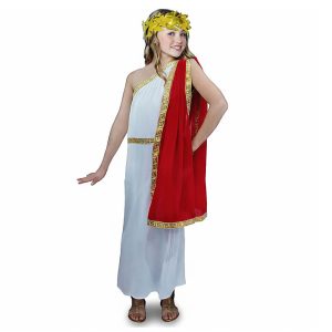 Niña vestida con disfraz de romana compuesto por túnica blanca con detalles dorados y diadema.