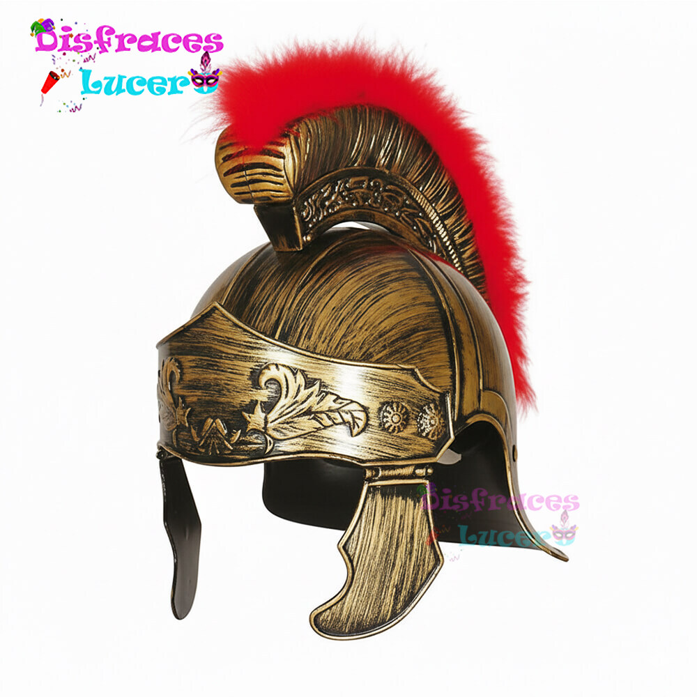Casco romano de color dorado o plata con cresta roja de pelo sintético desmontable.