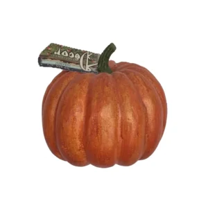 Calabaza decorativa artificial en color naranja realista con tallo verde de 16 cm de diámetro por 10 cm de alto