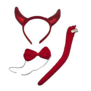 Set de accesorios de diablesa en color rojo con diadema de cuernos, pajarita y cola con pinza de cocodrilo