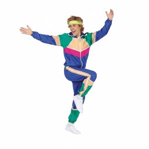 Hombre posando con disfraz chándal de gimnasta adulto años 80 azul y rosa.