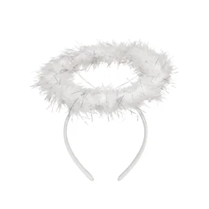 Diadema de ángel blanco de frente sobre fondo blanco con un aro flexible que sostiene una aureola flotante de plumas esponjosas con hilos plateados brillantes de la tienda Disfraces Lucero.