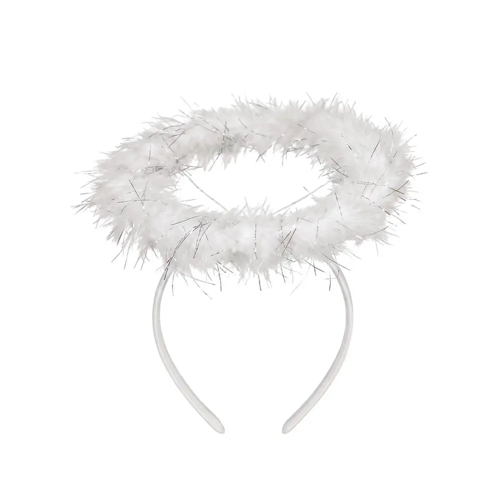 Diadema de ángel blanco de frente sobre fondo blanco con un aro flexible que sostiene una aureola flotante de plumas esponjosas con hilos plateados brillantes de la tienda Disfraces Lucero.