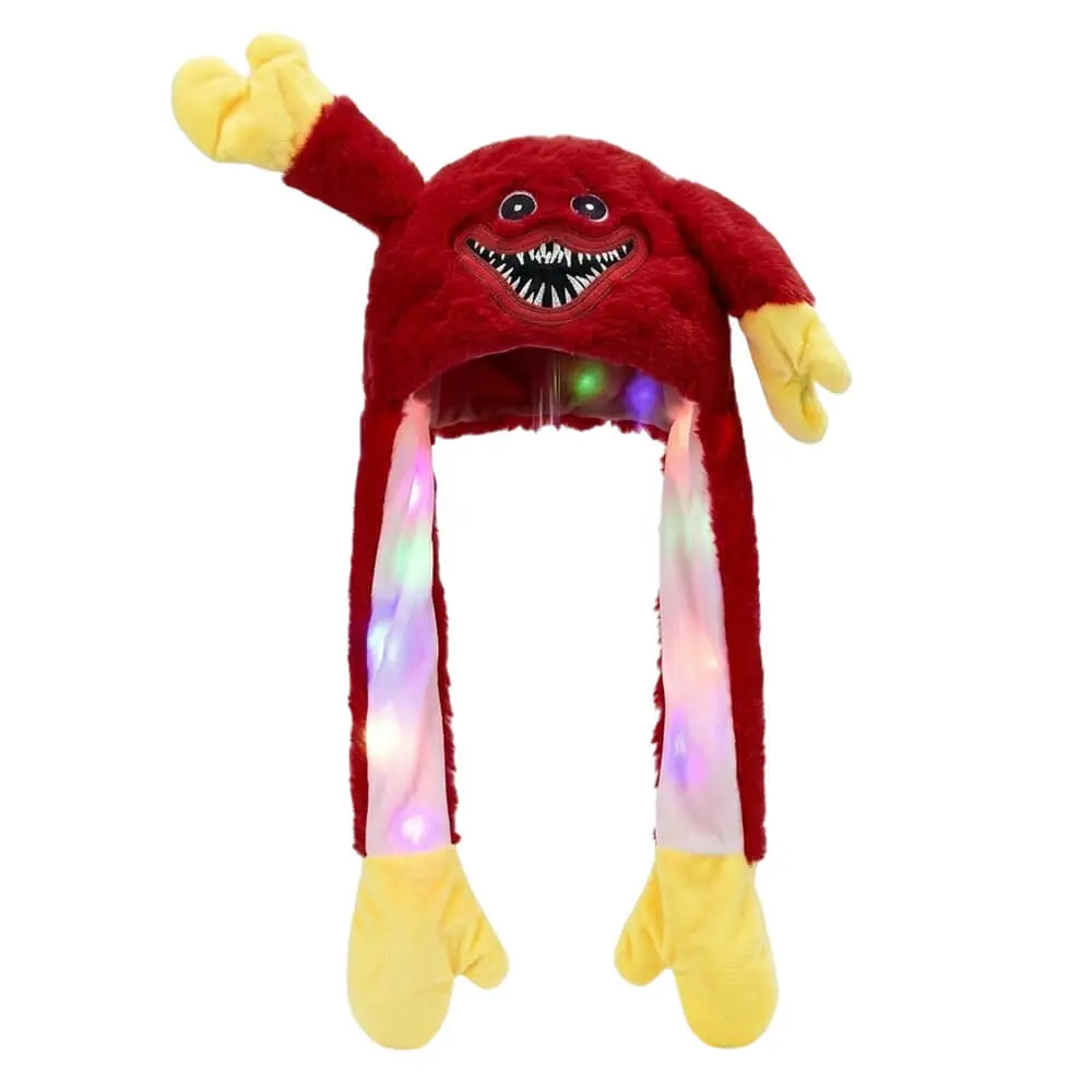 Gorro de peluche color rojo de Huggy Wuggy con orejas que se mueven y luces, disponible en la tienda Disfraces Lucero.