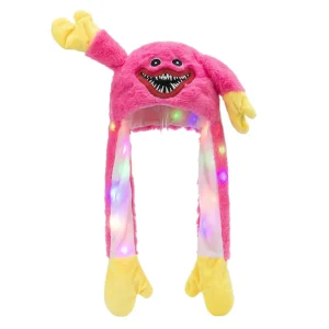 Gorro de peluche rosa de Huggy Wuggy con sistema de movimiento en las orejas y luces LED, de la tienda Disfraces Lucero.