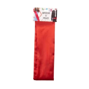 Fajín o banda tradicional de tela de color rojo intenso extendida sobre un fondo neutro, de la tienda Disfraces Lucero en Madrid.