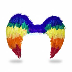 Alas de ángel grandes con plumas reales en colores del arcoíris sobre fondo blanco.