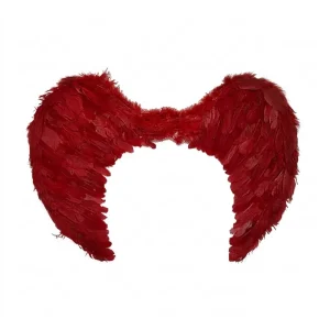 Alas decorativas para disfraz de 80 cm cubiertas de plumas de color rojo intenso en posición simétrica sobre un fondo blanco, de la tienda Disfraces Lucero.