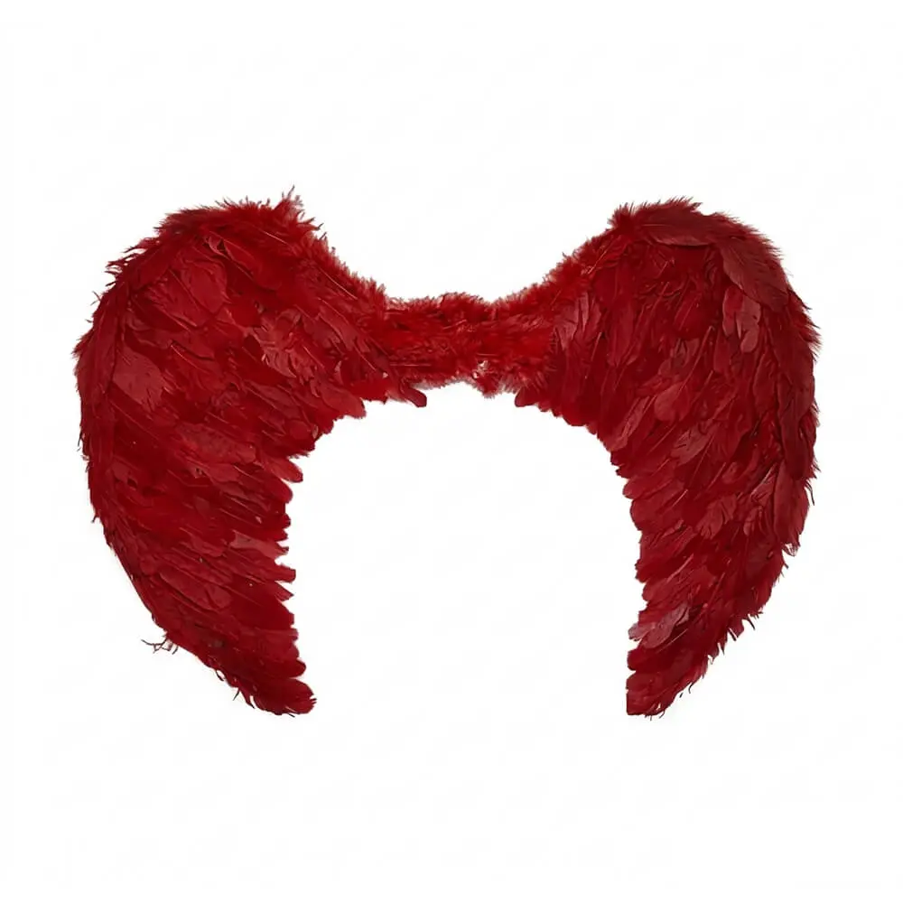 Alas decorativas para disfraz de 80 cm cubiertas de plumas de color rojo intenso en posición simétrica sobre un fondo blanco, de la tienda Disfraces Lucero.