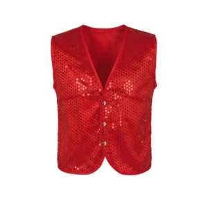 Fotografía de producto mostrando en plano completo de frente el chaleco rojo de lentejuelas infantil con tres botones plateados delanteros de la tienda Disfraces Lucero.