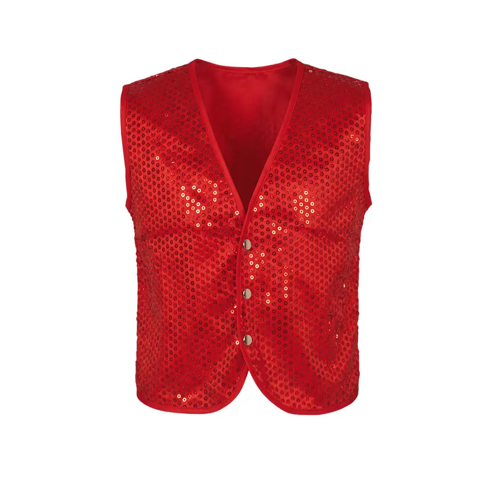 Fotografía de producto mostrando en plano completo de frente el chaleco rojo de lentejuelas infantil con tres botones plateados delanteros de la tienda Disfraces Lucero.