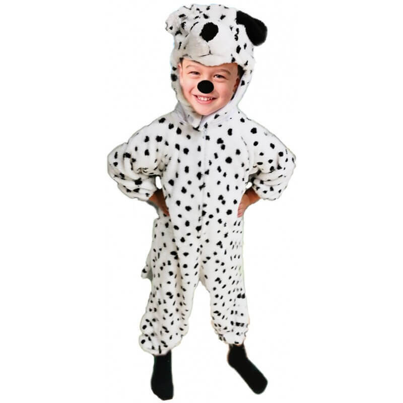 Disfraz de dálmata infantil con gorro y mono blanco con manchas negras, ideal para carnaval o fiestas escolares
