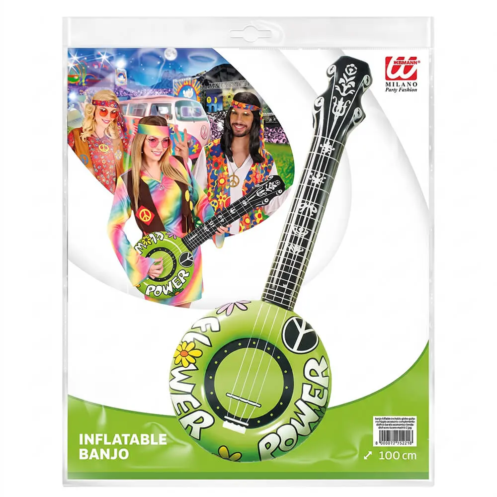Banjo Inflable de Color Verde Hippie – Instrumento Musical Hinchable de Juguete para Disfraz de los Años 60 y 70 - Imagen 5