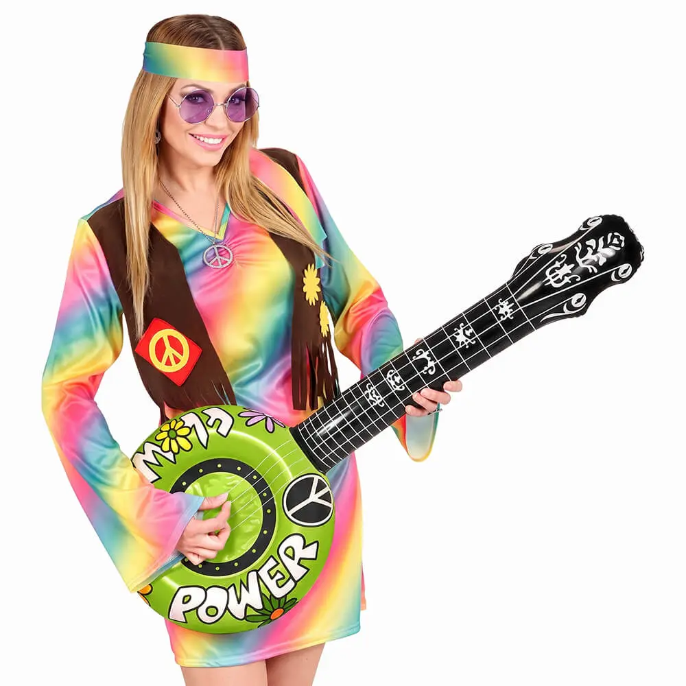 Banjo Inflable de Color Verde Hippie – Instrumento Musical Hinchable de Juguete para Disfraz de los Años 60 y 70 - Imagen 3