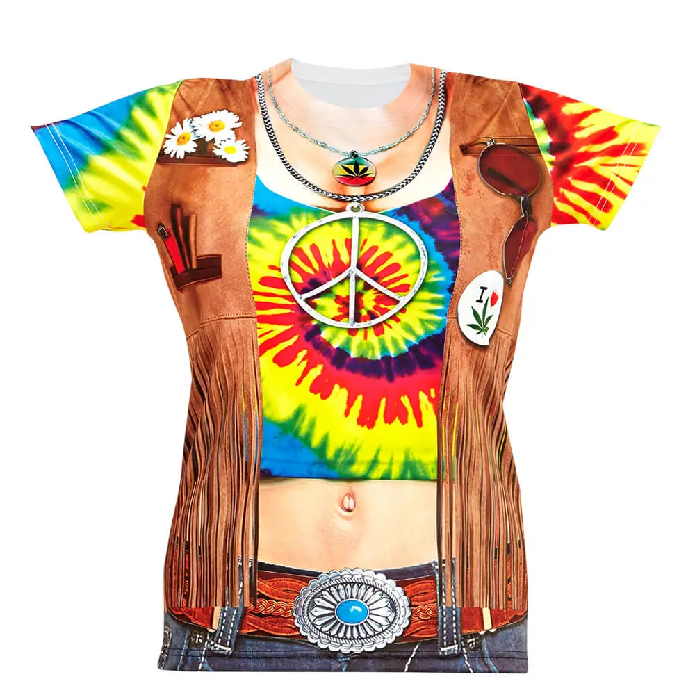 Camiseta de mujer con estampado fotográfico hiperrealista de estilo hippie, con chaleco y collar impresos, de Disfraces Lucero.