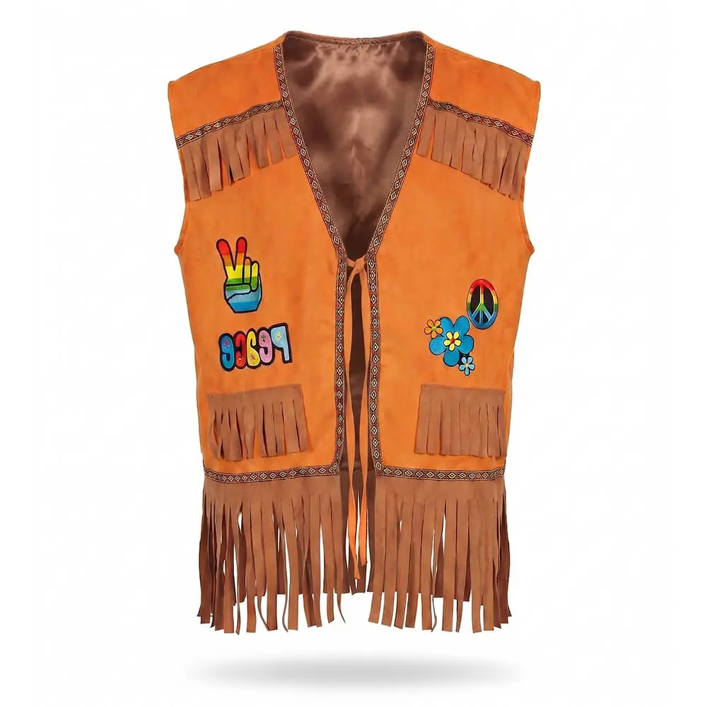 Hombre luciendo el chaleco hippie marrón con flecos y parches de colores de la tienda Disfraces Lucero.