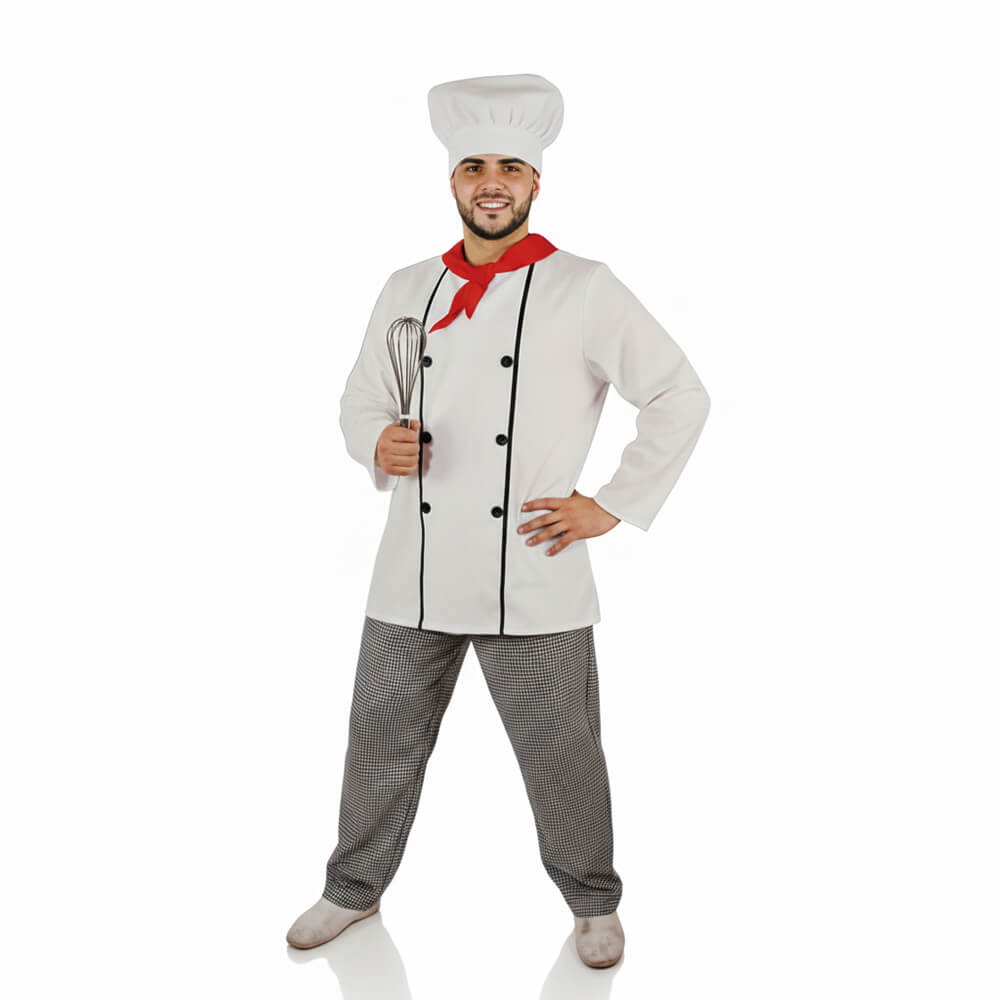 Disfraz de cocinero ejecutivo para adulto con chaqueta blanca, sombrero y pañuelo rojo.