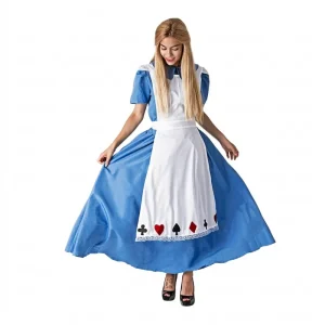 Mujer con disfraz de Alicia en el País de las Maravillas, vestido azul largo y delantal blanco con símbolos de cartas, de Disfraces Lucero Madrid.