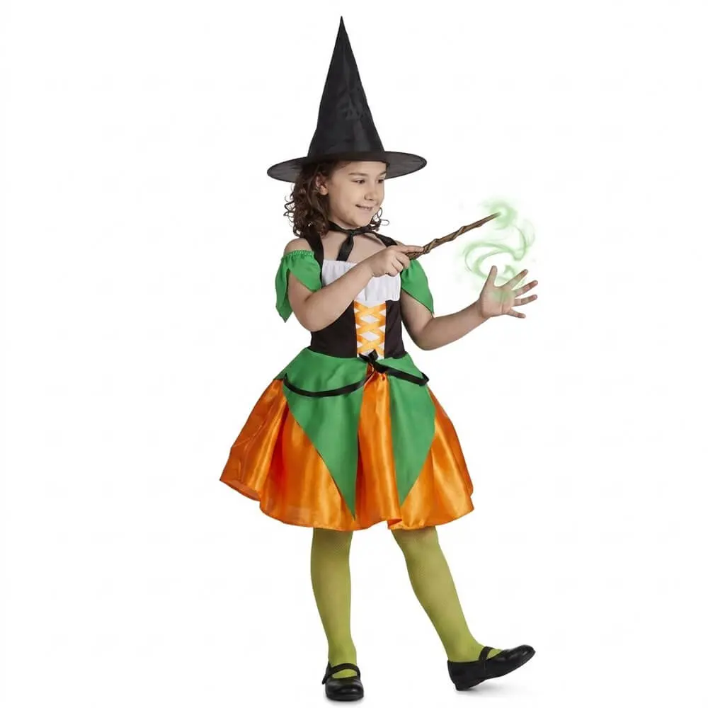 Disfraz de Bruja Naranja y Verde Infantil con Sombrero - Imagen 2