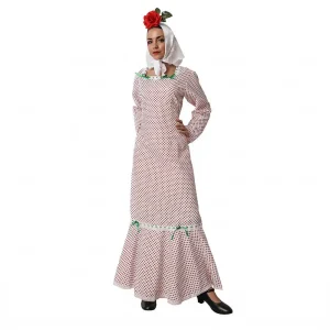 Mujer luciendo el disfraz de chulapa tradicional de Disfraces Lucero con vestido de lunares y pañuelo blanco.
