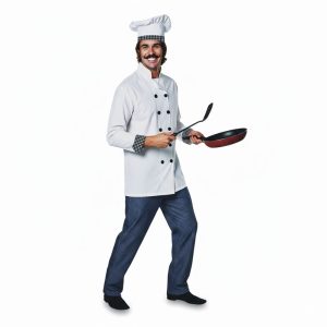 Disfraz de cocinero adulto con chaqueta blanca con velcro y gorro de chef.