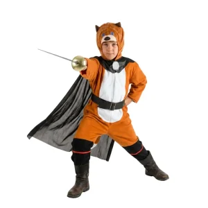 Disfraz infantil de gato ingenioso color negro y gris con capa roja y cinturón, disponible en Disfraces Lucero.