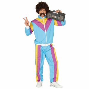 Hombre con peluca afro y bigote vistiendo un disfraz chándal de gimnasta adulto años 80 azul celeste.